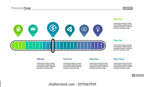 Six pointers scale metaphor process chart template for presentation. Vector illustration. Elements of diagram, graph. Review, plan, finance, business or economy concept for infographic, report.