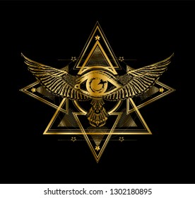 Six pointes star with wings and all seeing eye. Ancient egypt symbol. Gold print on the black background.