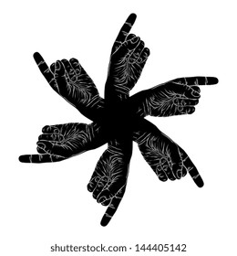 Six pointing hands abstract symbol, black and white vector special emblem with human hands.