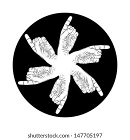 Six pointing hands abstract symbol, black and white vector special emblem with human hands.