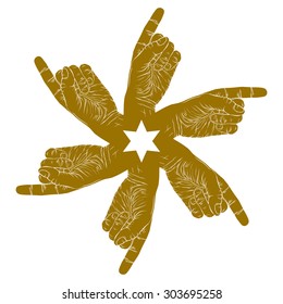 Six pointing hands abstract symbol with hexagonal star, vector special symbol with human hands.