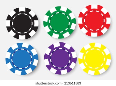 six poker chips isolated on white background