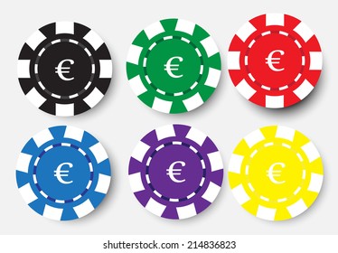 six poker chips isolated on white background