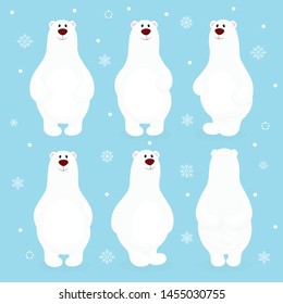 Six polar polar bears on a blue background with snow and snowflakes. Set polar bear cartoon vector illustration.