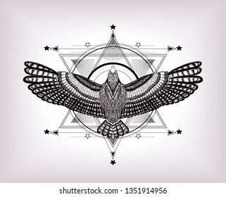 Six ponted star with dove. To be use for print t shirt and tattoo art. Line art. Sacred geometry with flying owl. Zentangle.