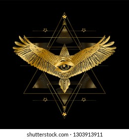 Six ponted star with flying bird and flying eagle. Print t shirt. Gold masonic symbol on the black background.