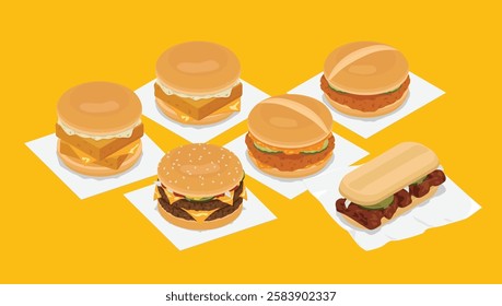 Seis populares sándwiches de comida rápida en perspectiva isométrica, incluidos sándwiches de pescado, sándwiches de pollo, una hamburguesa con queso y un sándwich de cerdo, fáciles de reorganizar y editar