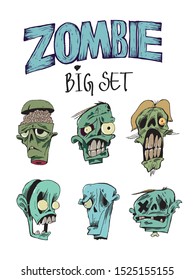 Six portraits of zombies, calligraphy. Color illustration. It can be useful for designing pages on social networks and sites, postcards, posters, banners, t-shirts.