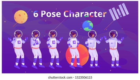 six pose astronaut man character flat illustration