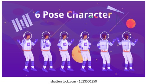 six pose astronaut man character flat illustration