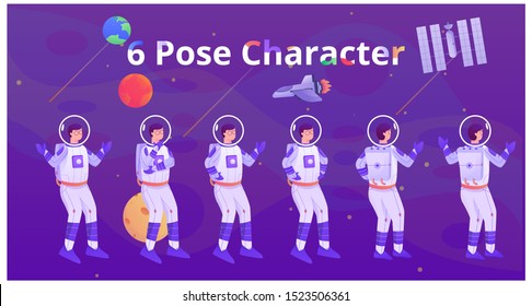 six pose astronaut man character flat illustration