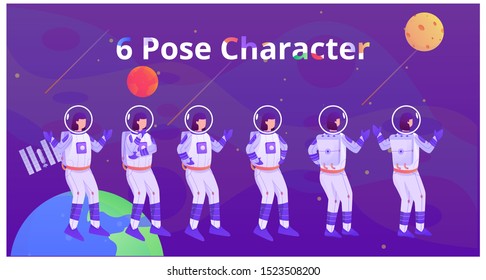 six pose astronaut woman character flat illustration
