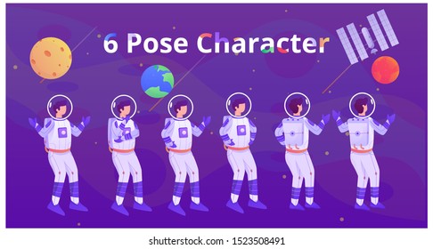 six pose astronaut woman character flat illustration