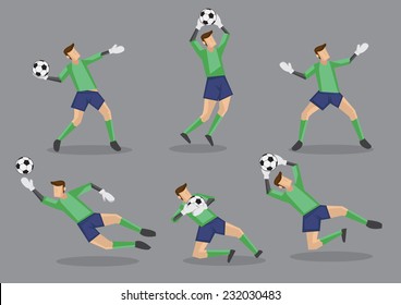 Seis poses de portero con camiseta verde que maneja el balón de fútbol. Iconos de caracteres vectoriales aislados en fondo gris.