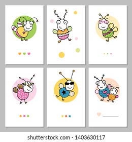 Six postcards set with cute happy cartoon bee characters in yellow, pink and green dotted and striped outfits on white background