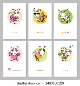 Six postcards set with cute happy cartoon bee characters in yellow, pink and green dotted and striped outfits on white background