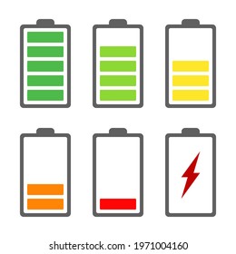six power level battery icons set, full low charge with different colors