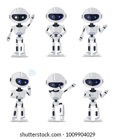 Six pretty ai machines isolated on white backdrop vector illustration with white speaking dancing dabbing robots with gloosy blue and yellow eyes