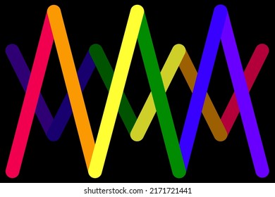 Seis trazos primarios de color que se inclinan uno contra el otro frente a seis trazos de color oscuros y contrastantes, todo con un fondo negro
