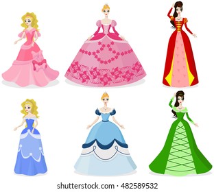 Six princesses. Young beautiful girls with long hair in a ball dress.