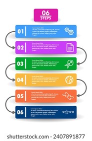 Six process progress steps in rounded blocks template with descriptions icons and thin color lines around. Multipurpose infographic template schema diagram.