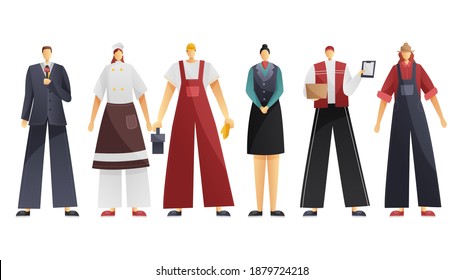 Six professionals set. Different professional people cartoon set isolated on white background. Vector illustration