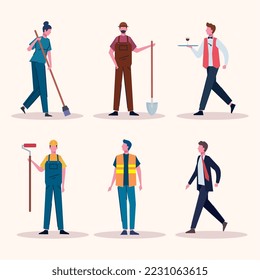 six professionals workers occupations characters