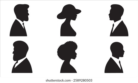 Six Profile Silhouettes Men, Women, Diverse Hairstyles, Formal Wear