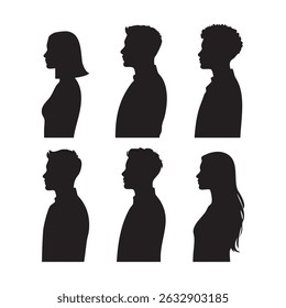 Six profile silhouettes of men and women isolated on white background