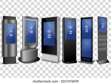 Six Promotional Interactive Information Kiosk, Advertising Display, Terminal Stand, Touch Screen Display isolated on transparent background. Mock Up Template.
