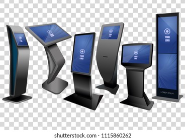 Six Promotional Interactive Information Kiosk, Advertising Display, Terminal Stand, Touch Screen Display isolated on transparent background. Mock Up Template.