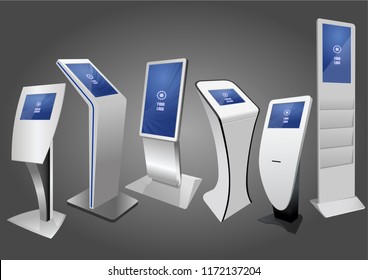 Six Promotional Interactive Information Kiosk, Advertising Display, Terminal Stand, Touch Screen Display. Mock Up Template.