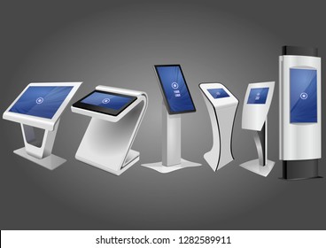 Six Promotional Interactive Information Kiosk, Advertising Display, Terminal Stand, Touch Screen Display. Mock Up Template.