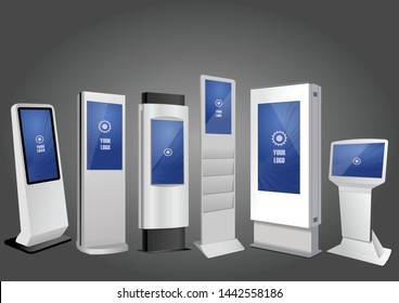 Six Promotional Interactive Information Kiosk, Advertising Display, Terminal Stand, Touch Screen Display. Mock Up Template.