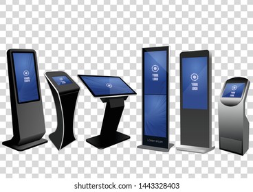 Six Promotional Interactive Information Kiosk, Advertising Display, Terminal Stand, Touch Screen Display isolated on transparent background. Mock Up Template.