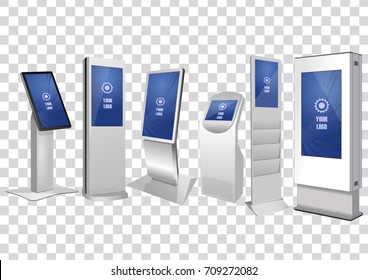 Six Promotional Interactive Information Kiosk, Advertising Display, Terminal Stand, Touch Screen Display isolated on transparent background. Mock Up Template.