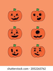 Six pumpkins with different facial expressions