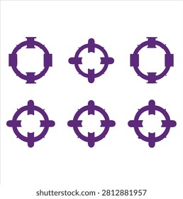 Six purple icons featuring circular shapes with mechanical crossbars and connectors on transparent background