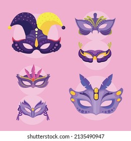 six purple mask of mardi gras