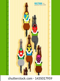 Six racing horses competing with each other. Banner. Universal template for a website. Horse racing. Hippodrome. Racetrack. Top view. Vector illustration