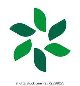 Six radial rectangle leaves, green icon. A circular arrangement of leaf symbols. Isolated on a white background.