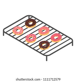 six rainbow sprinkles donuts on stainless steel cooking & baking rack for sheet pans