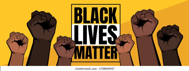 Six raised clenched fists of different shades. Skin of different colors, yellow and orange background. Black lives matter sign. Vector illustration.