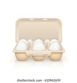 Six raw white eggs in cardboard box realistic vector illustration