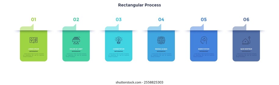 Six rectagular frames with arrows placed in horizontal row. Concept of 6 stages of strategic management process. Modern flat infographic design template. Simple vector illustration for presentation.