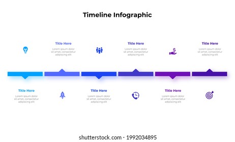 Six rectangles with arrows for timeline infographics. Slide for presentation and data visualization.