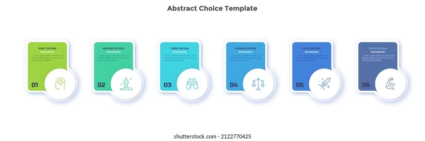 Six rectangular elements or cards placed in horizontal row. Concept of 6 features of service to select. Modern flat infographic vector illustration for business data visualization, presentation.