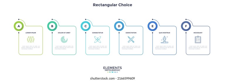 Six rectangular elements or cards placed in horizontal row. Concept of 6 business project features to select. Simple infographic design template. Modern flat vector illustration for presentation.