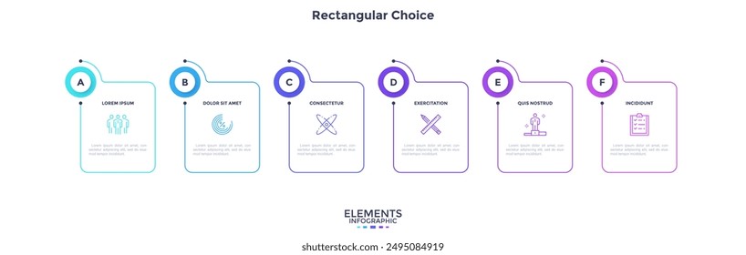 Six rectangular elements or cards placed in horizontal row. Concept of 6 business project features to select. Simple infographic design template. Modern flat vector illustration for presentation.