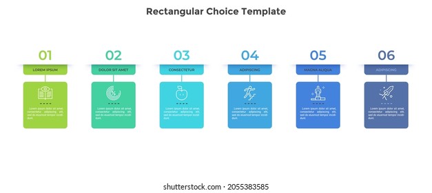 Six rectangular elements placed in horizontal row. Concept of 6 successive steps of project development process. Flat infographic design template. Simple vector illustration for business analytics.